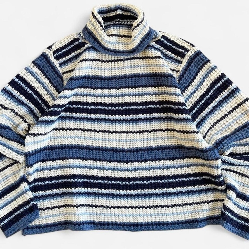 Vintage Fashion Bug Cotton Like Cream & Blue Knit Striped Turtleneck Sweater XL